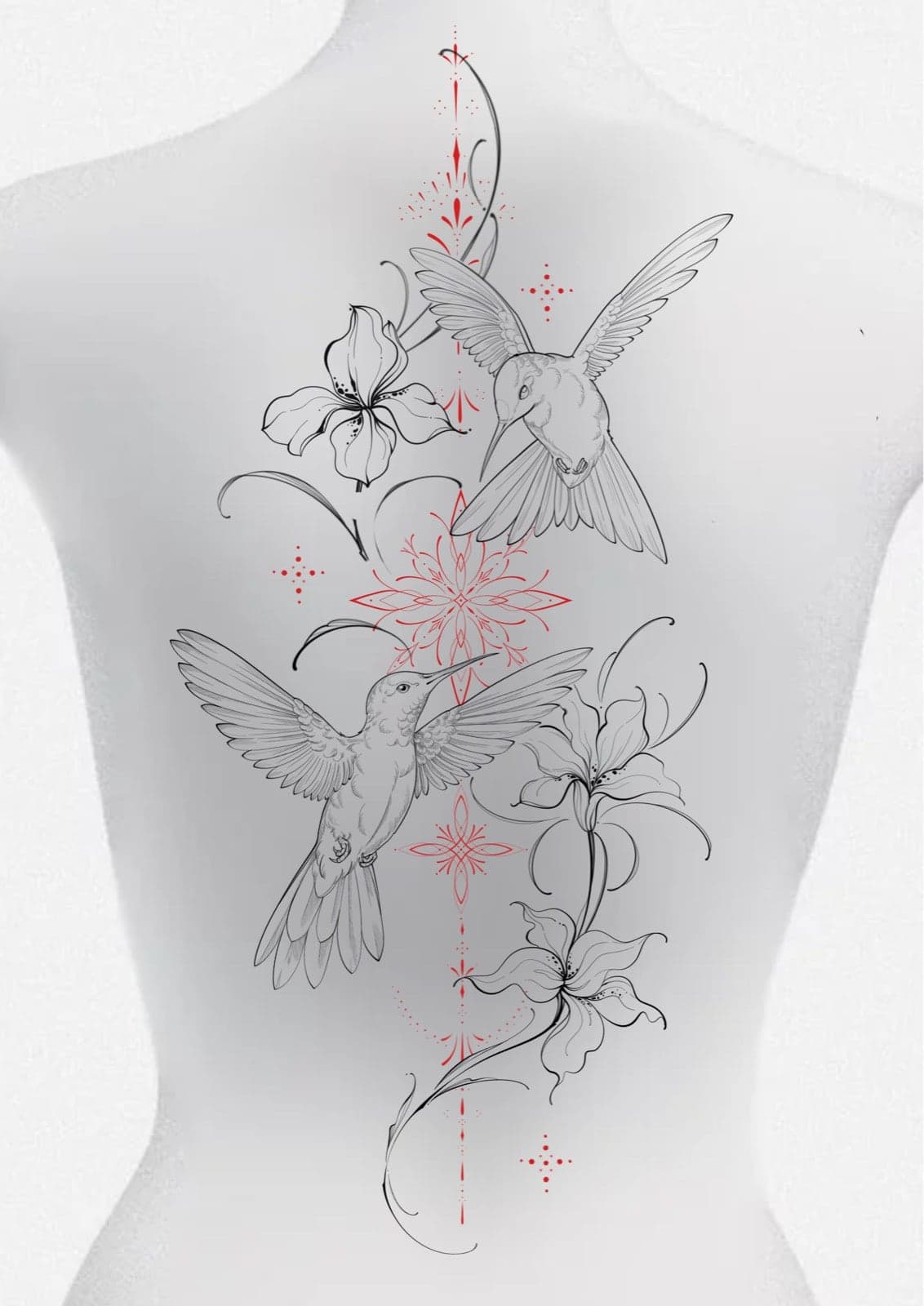 Hummingbird and irises with ornaments